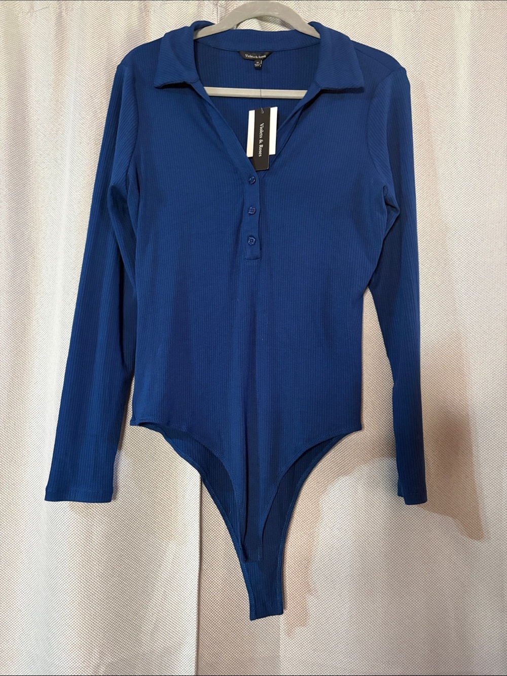Long-Sleeve Ribbed Collared Bodysuit - Blue